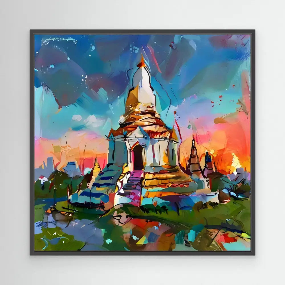 A colorful Buddhist stupa painted in vibrant, abstract brushstrokes.