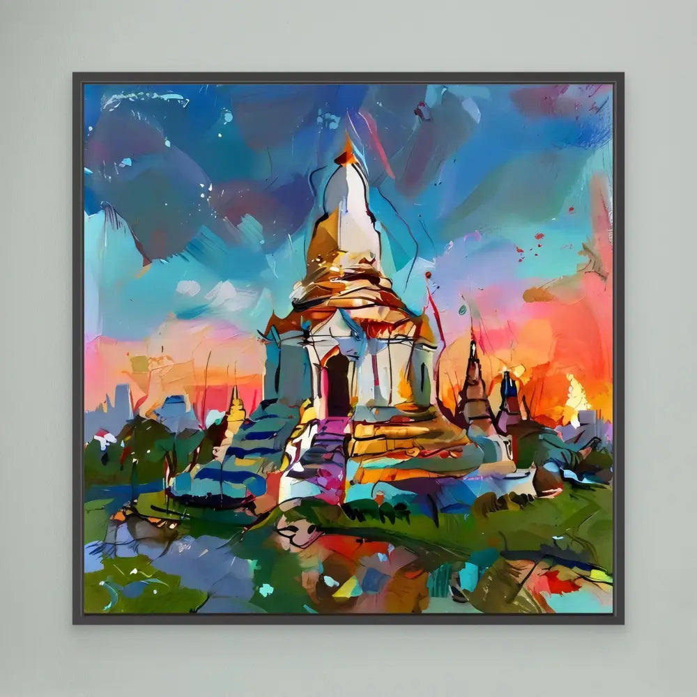 A colorful Buddhist stupa painted in vibrant abstract brushstrokes.