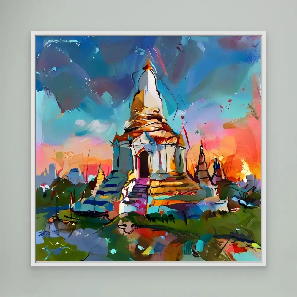 A colorful Buddhist stupa painted in vibrant, abstract brushstrokes.