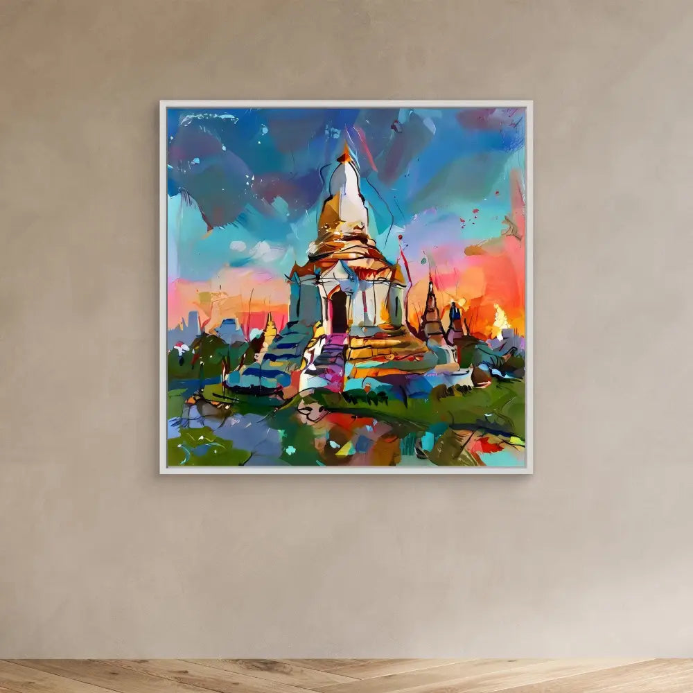 Colorful Buddhist stupa painted in vibrant watercolor style.