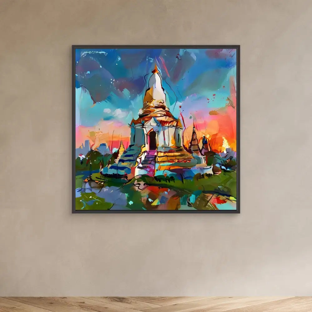 A colorful Buddhist stupa painted in vibrant, abstract brushstrokes.