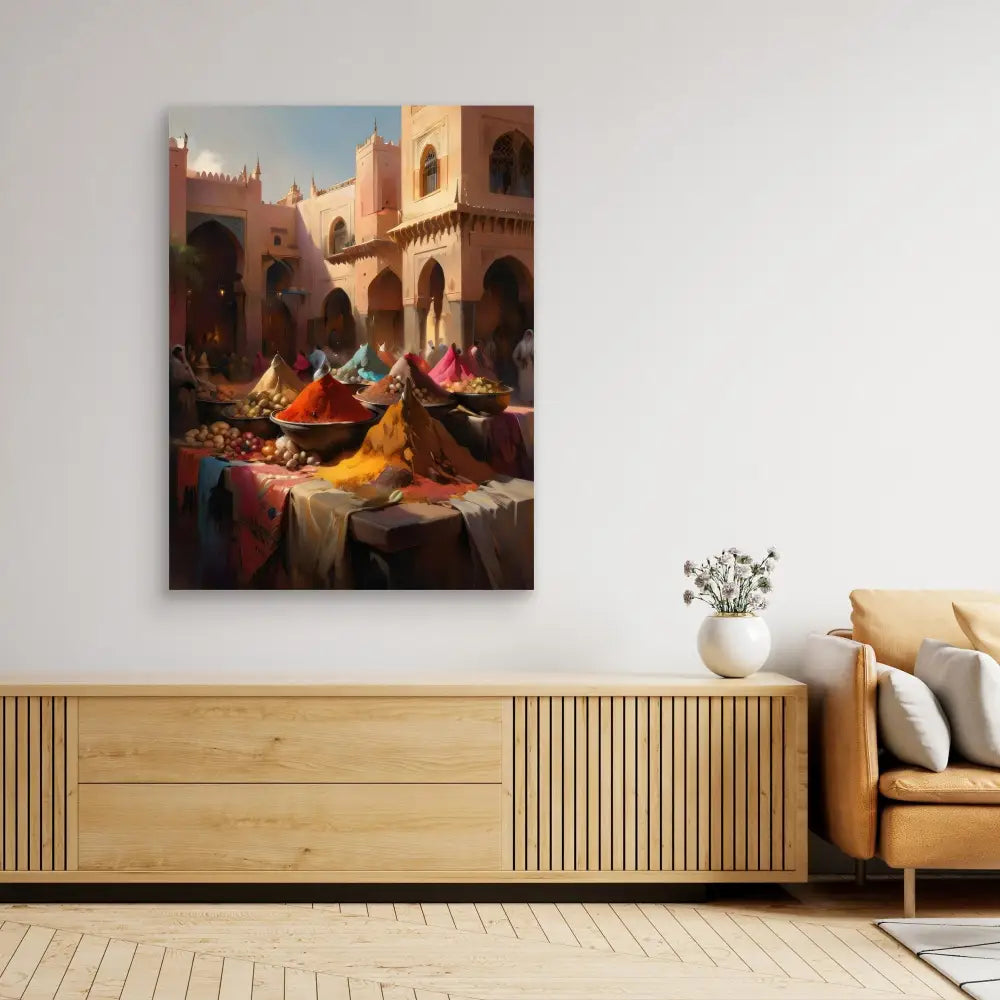 A colorful canvas artwork depicting a Middle Eastern marketplace scene with vibrant fabrics and architectural elements.