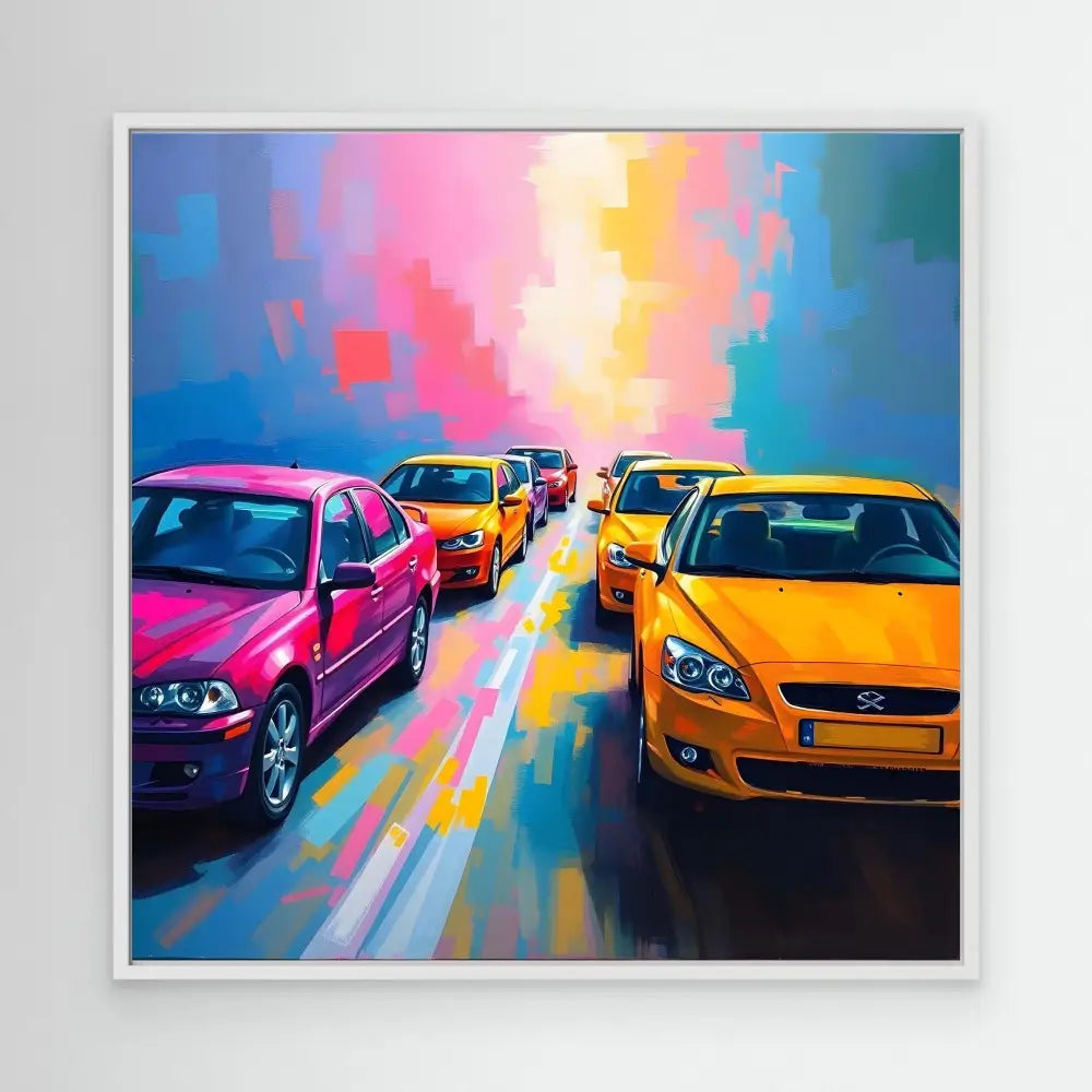 Colorful cars lined up on a road with vibrant abstract sky reflections.