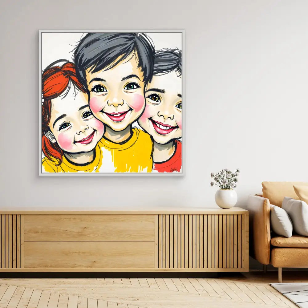 A colorful cartoon-style portrait of three smiling children wearing bright clothing.