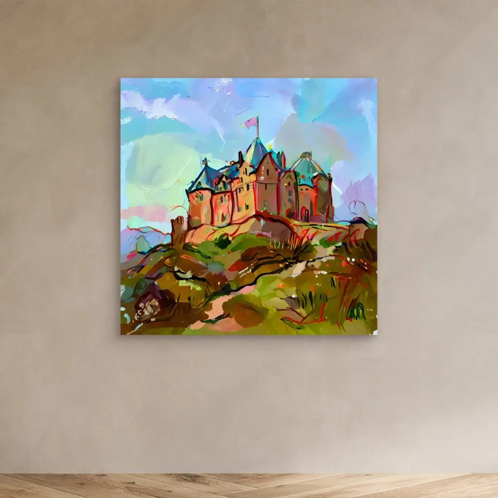 A colorful castle with multiple turrets sits atop a grassy hill.