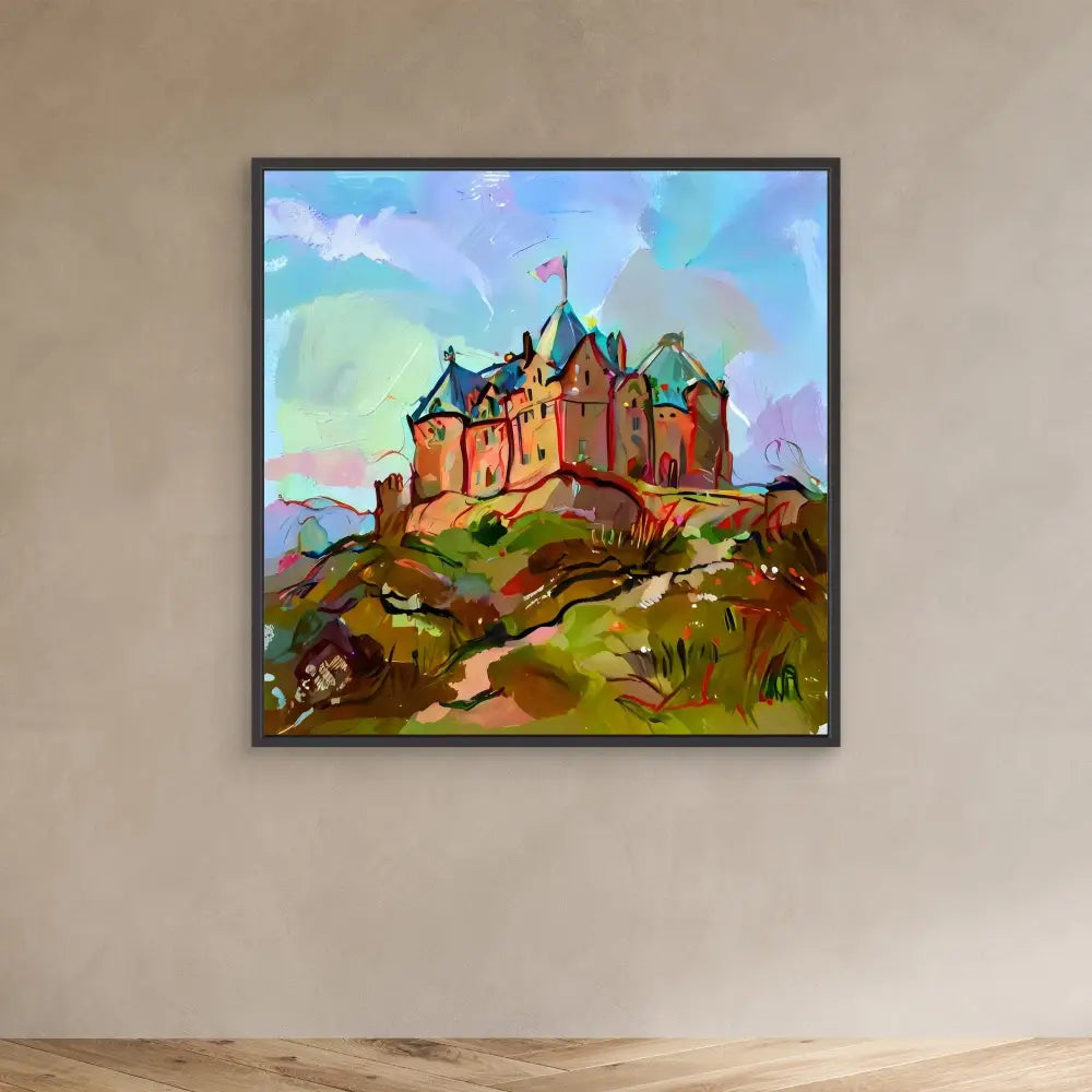 A colorful castle perched atop a grassy hill with a red flag flying from its tower.