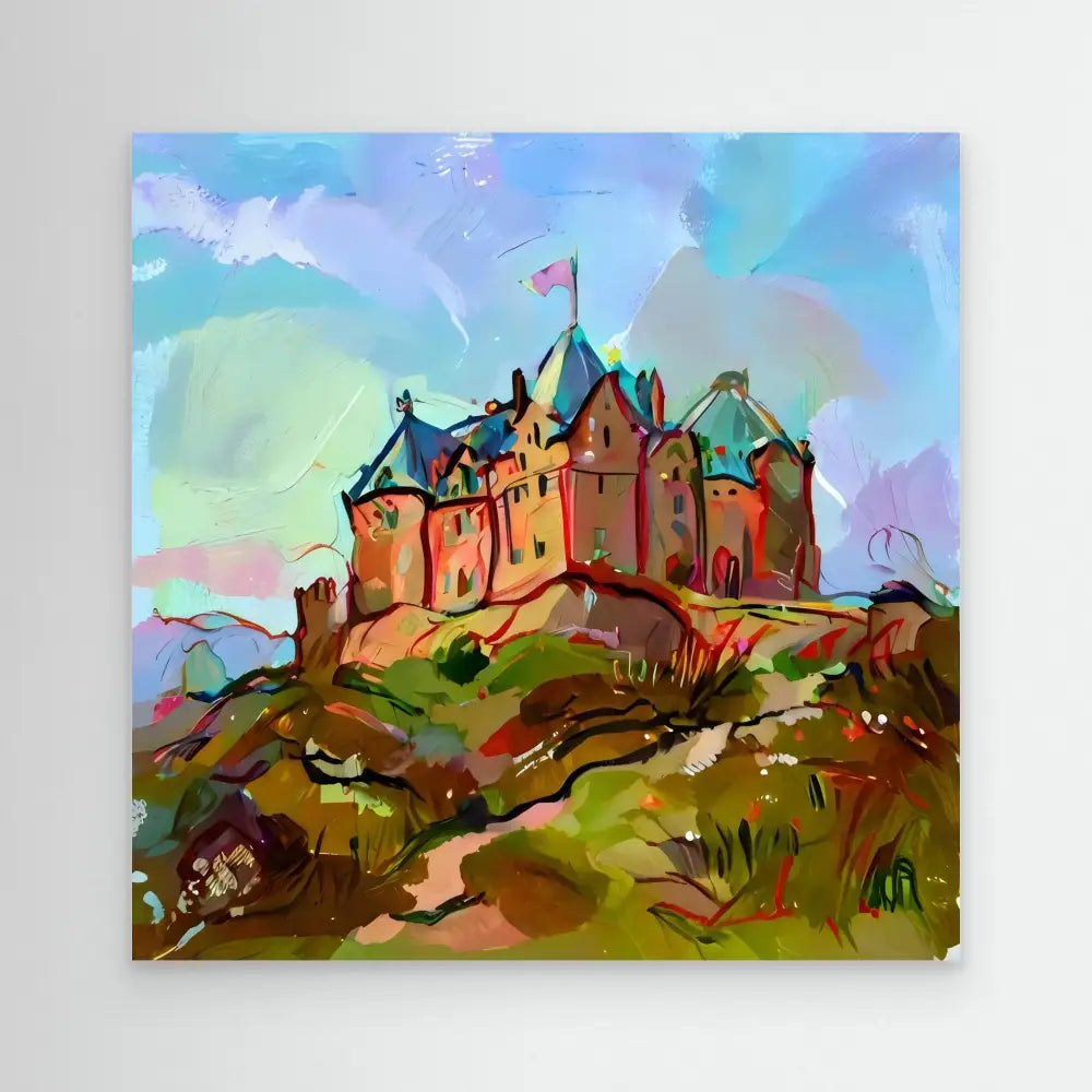 A colorful castle with turrets and a flag sits atop a hill.