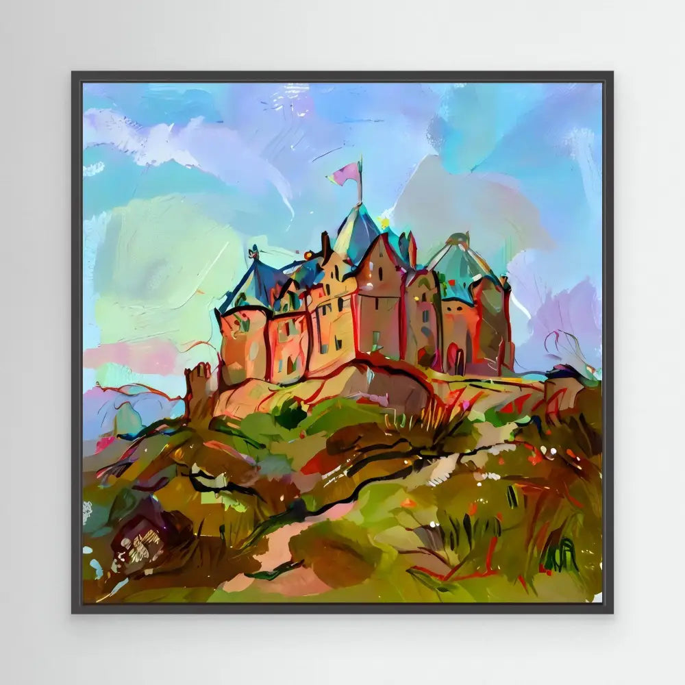 A colorful castle with turrets sits atop a hill.