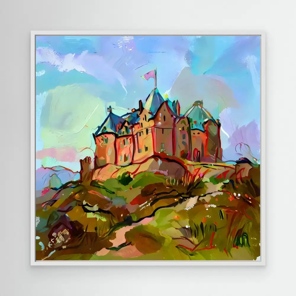 A colorful castle with turrets sits atop a hill.