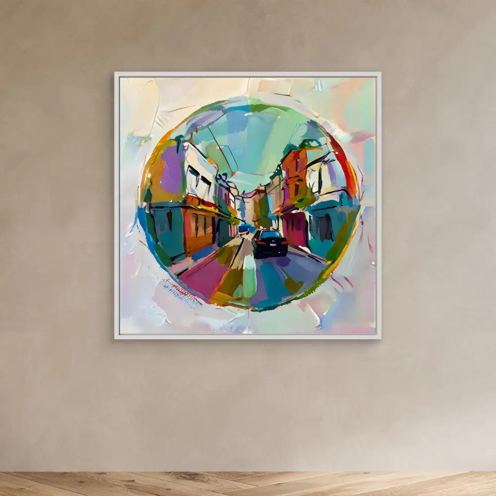 Colorful circular painting of a city street with buildings in an abstract, impressionistic style.