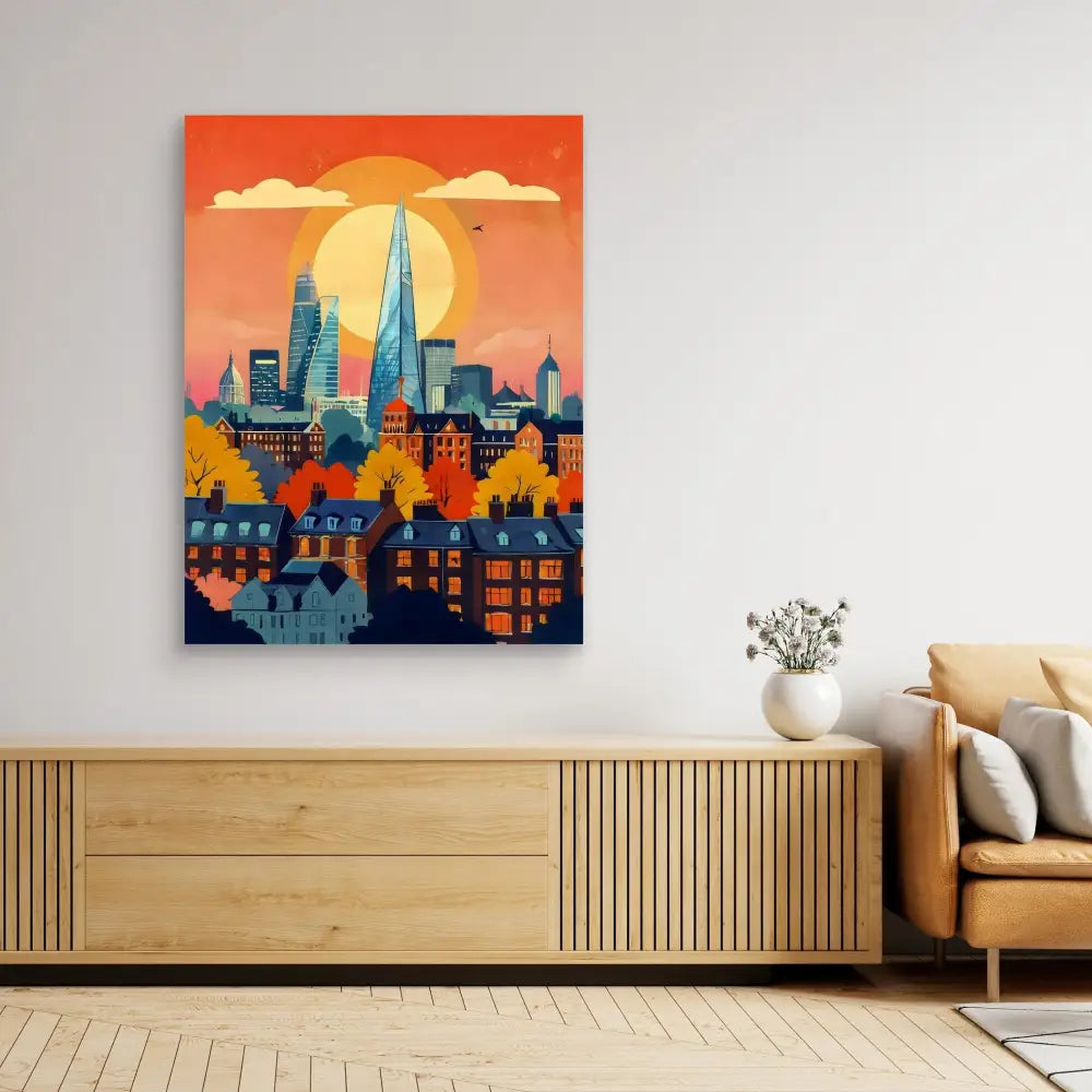 Colorful cityscape artwork featuring a sunset behind modern skyscrapers and traditional buildings.