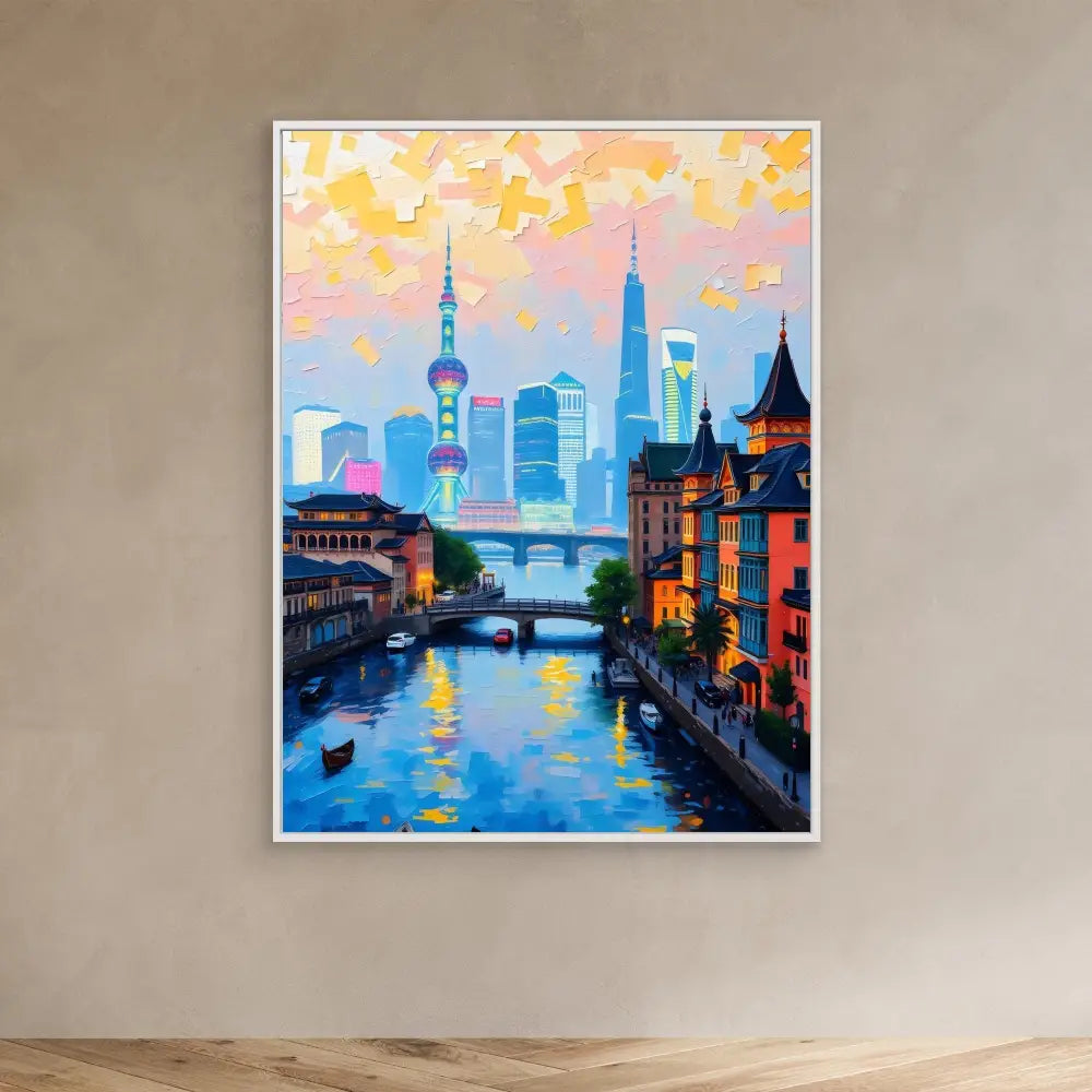 Colorful cityscape painting featuring a canal, bridges, and Shanghai’s modern skyline contrasting with traditional architecture.