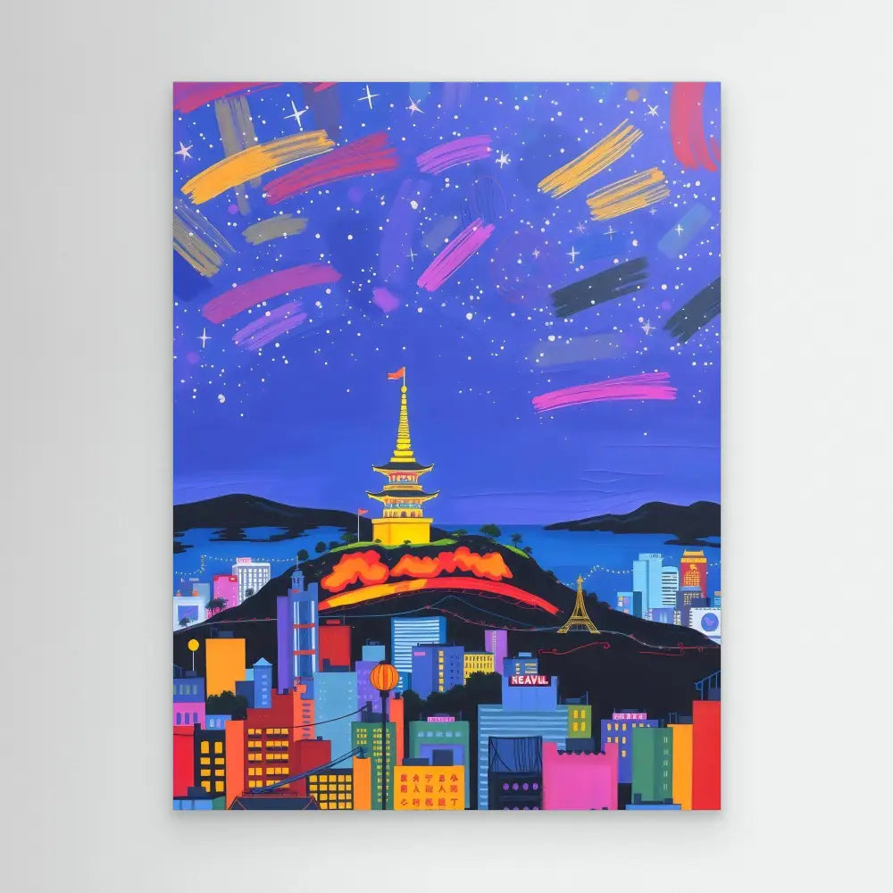 Colorful cityscape painting featuring Seoul Tower against a starry night sky.