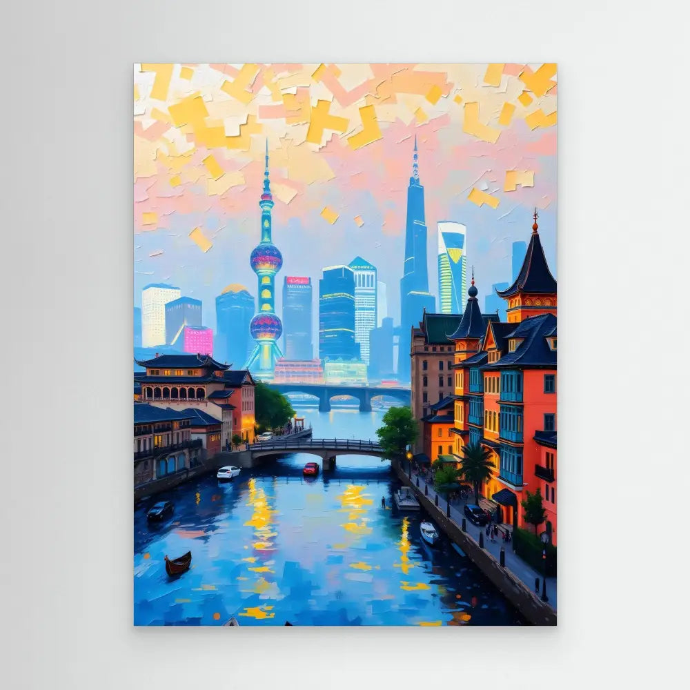 Colorful cityscape painting of Shanghai with historic buildings along a canal at sunset.