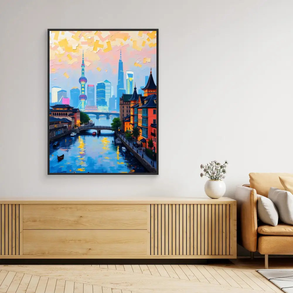 Colorful cityscape painting featuring Shanghai’s skyline with traditional buildings along a waterway at sunset.