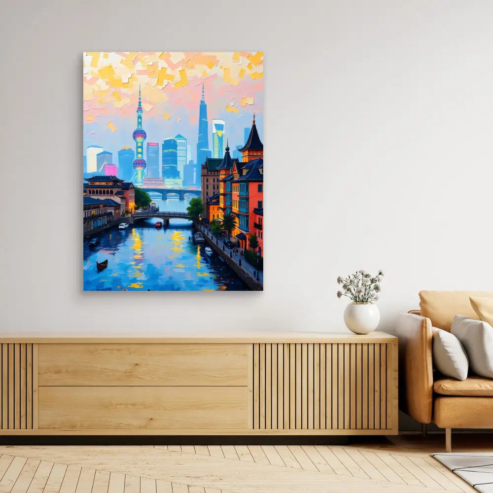 Colorful cityscape painting featuring Shanghai’s skyline with a bridge over water at sunset.