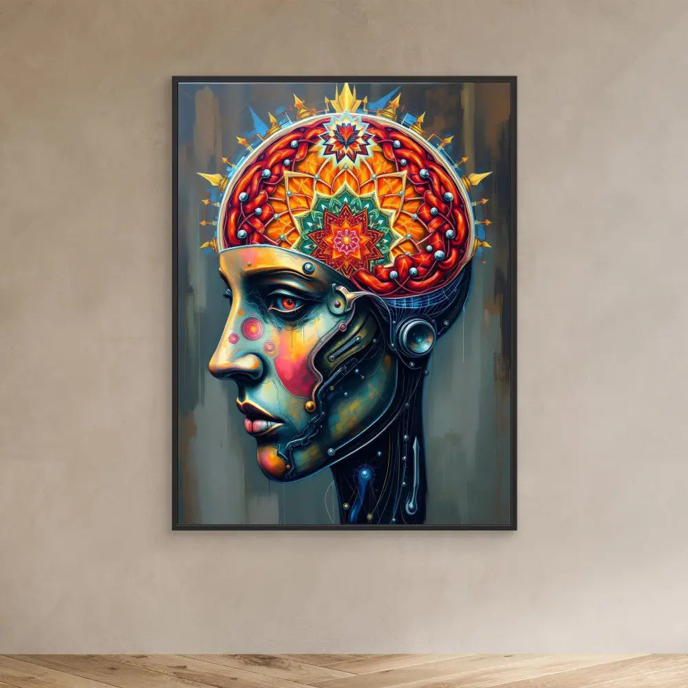 Colorful cybernetic head with a mandala-like brain design featuring vibrant reds, oranges, and blues.