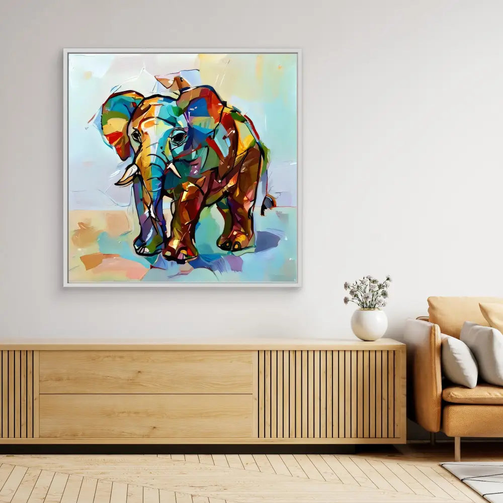 Colorful geometric-style elephant painting rendered in vibrant rainbow hues.