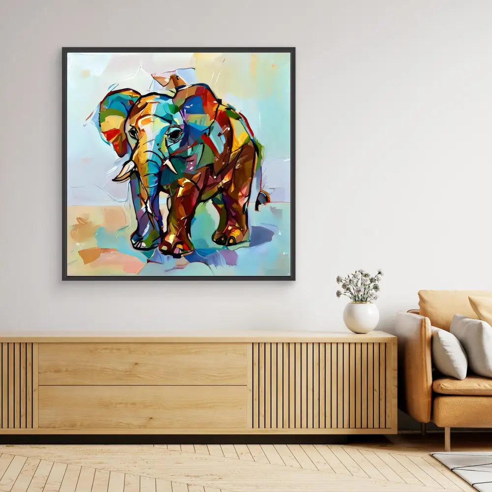 Colorful geometric-style elephant painting with vibrant rainbow hues.