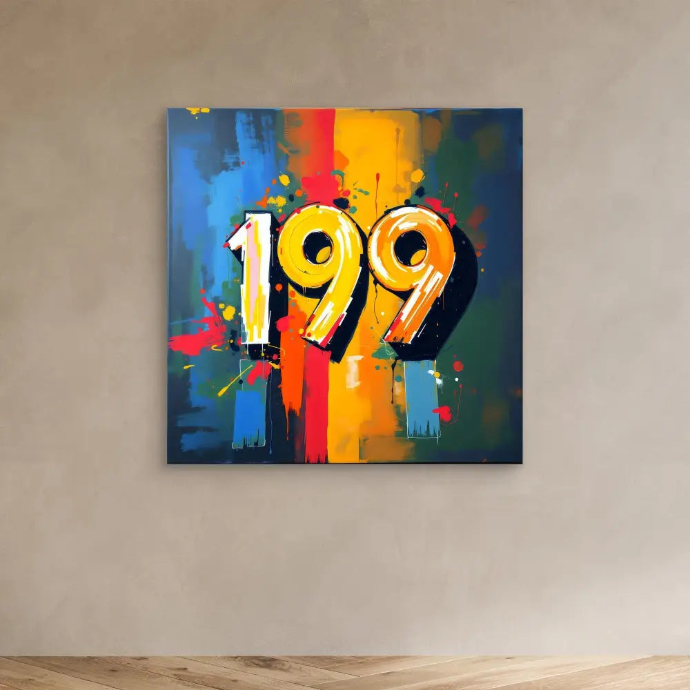 Colorful graffiti-style artwork featuring the number ’199’’ against vibrant vertical stripes.