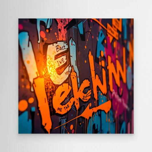 Colorful graffiti text in orange and blue tones with dripping paint effects.