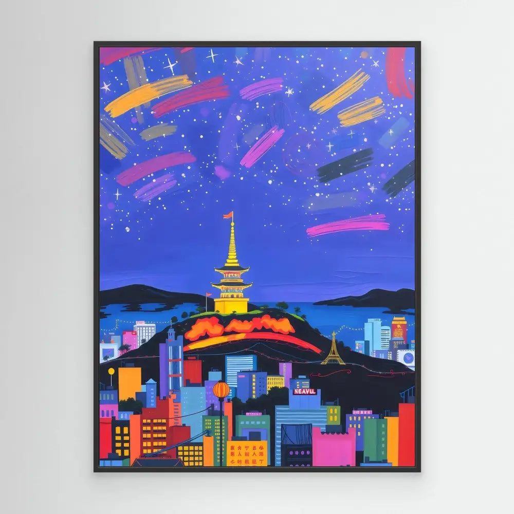 Colorful illustration of Seoul’s N Seoul Tower atop Namsan mountain surrounded by vibrant cityscape.