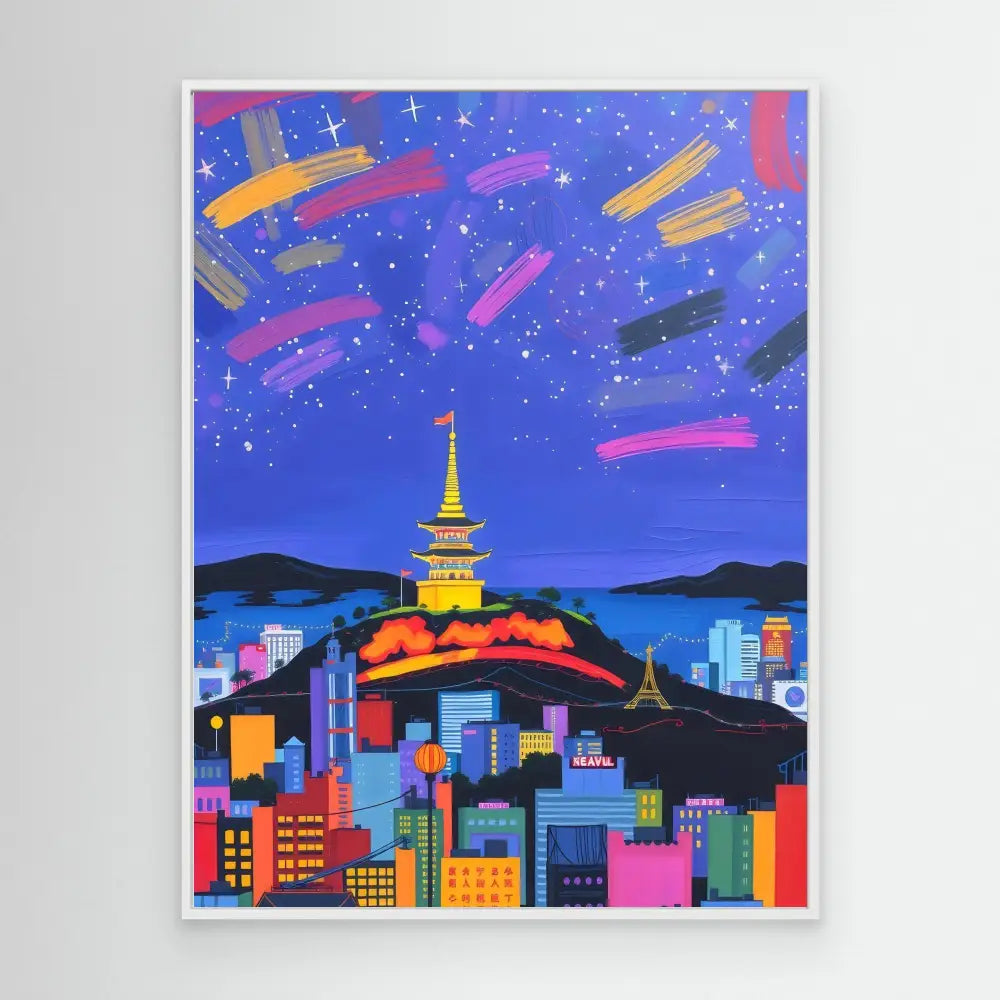 Colorful illustration of Seoul’s N Seoul Tower atop Namsan mountain amid a vibrant cityscape.