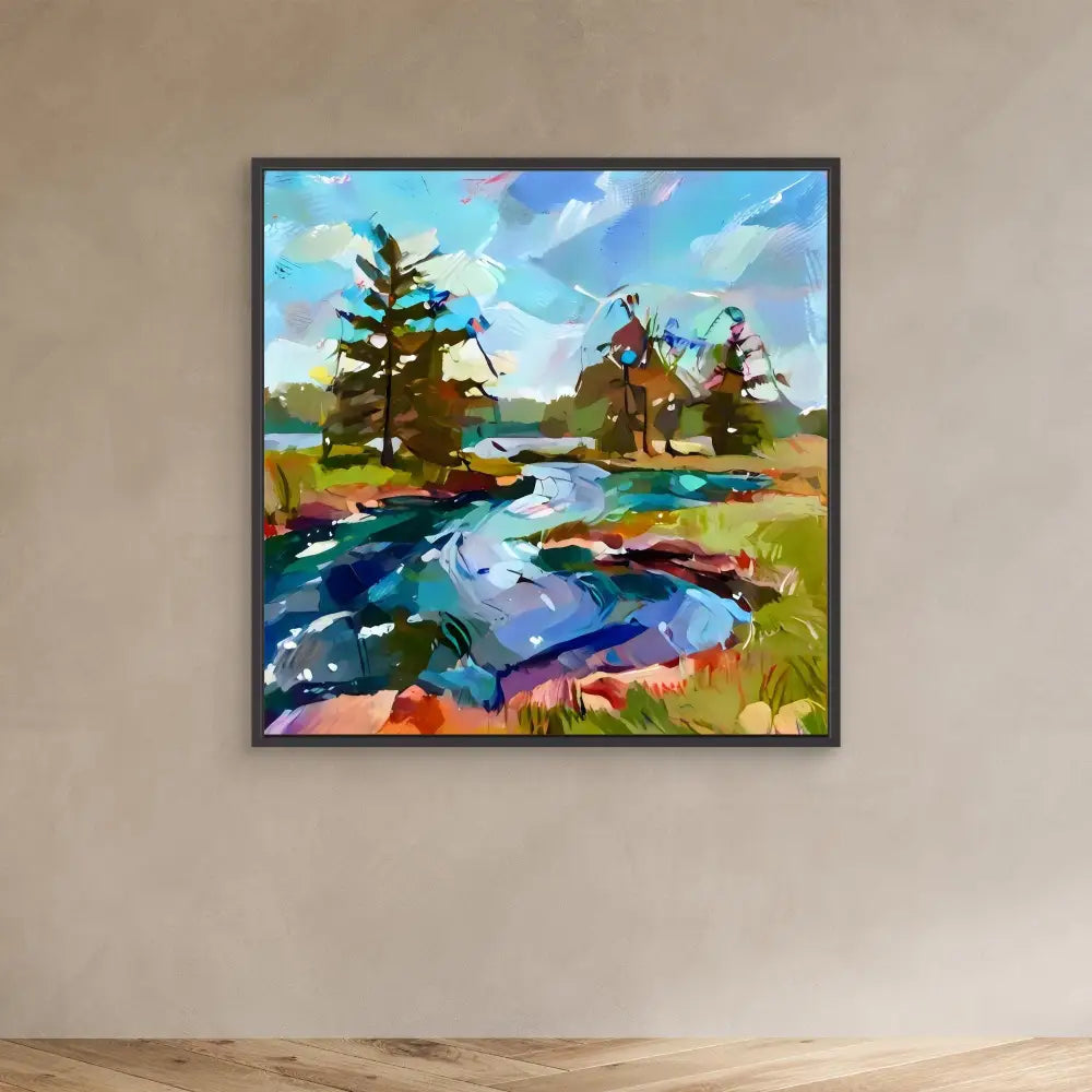 Colorful impressionist painting of a winding stream through a landscape with pine trees.