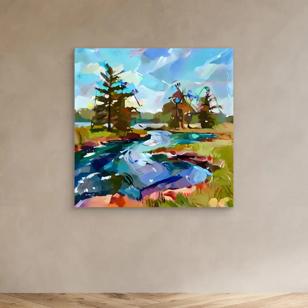 Colorful impressionist painting of a winding stream through a landscape with pine trees.