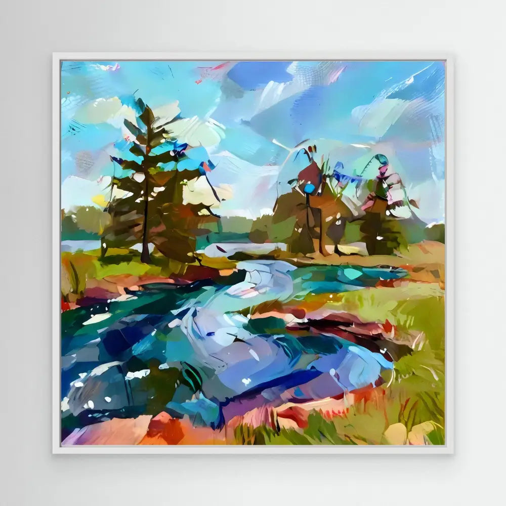 A colorful impressionist painting of a winding stream through a natural landscape.