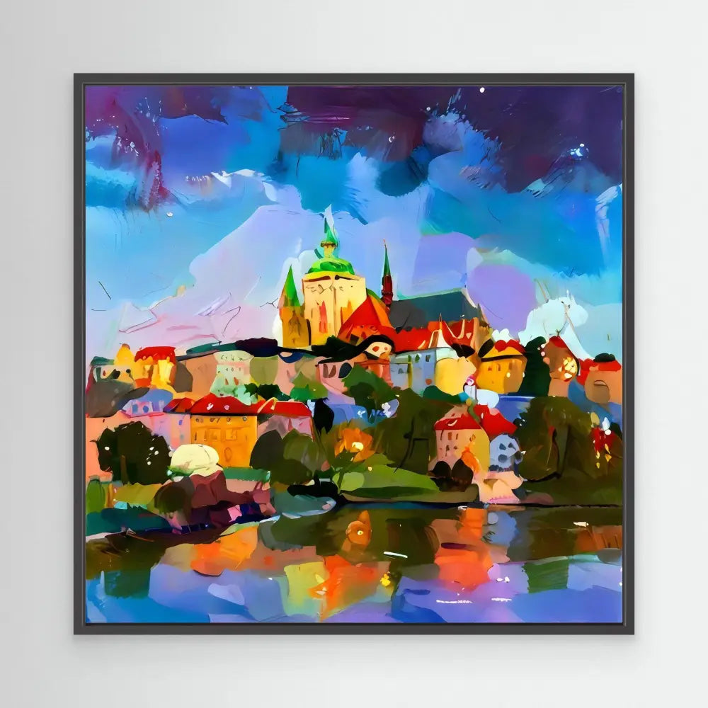 Colorful impressionistic painting of a European town with a cathedral reflected in water.