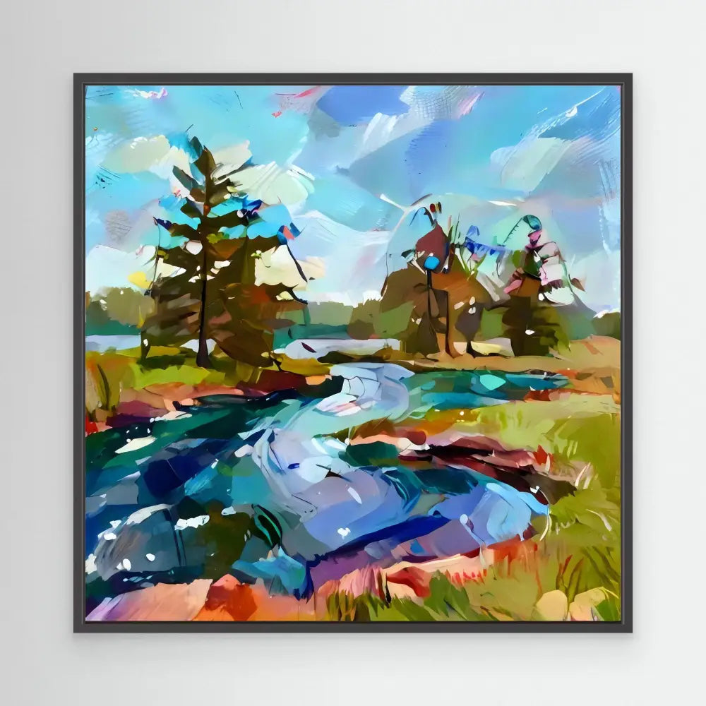 Colorful impressionistic painting of a winding river through a natural landscape.