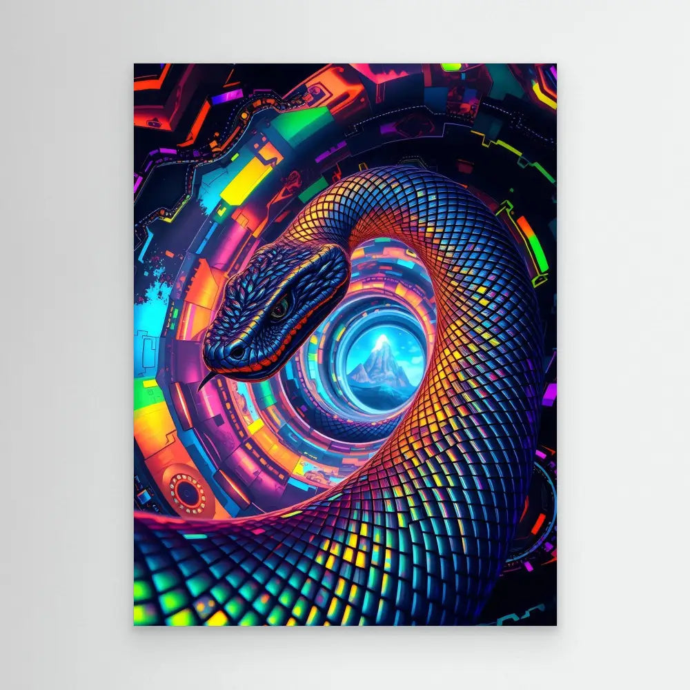 A colorful, iridescent snake coiled in a spiral pattern.