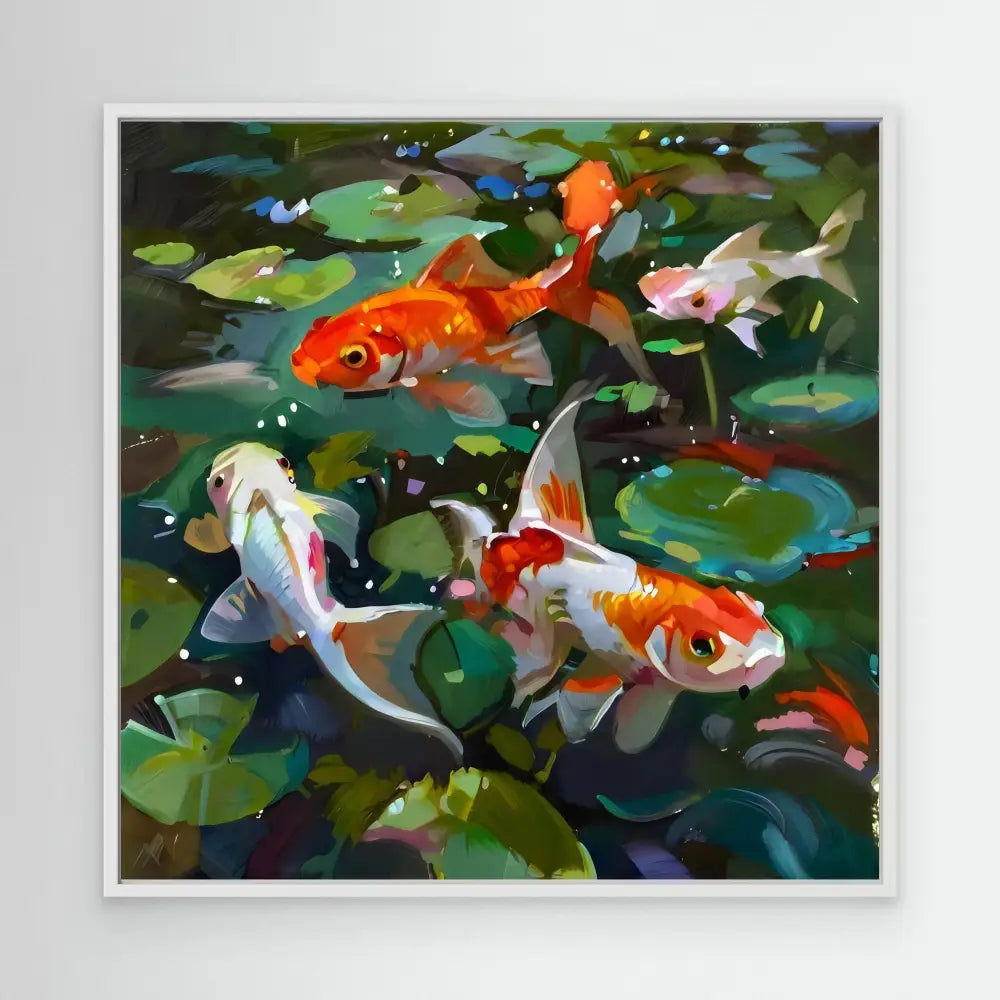 Colorful koi fish swimming among lily pads.