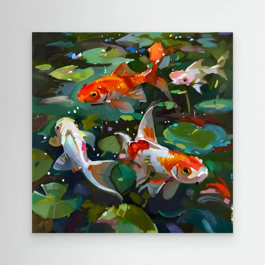 Colorful koi fish swimming among lily pads.