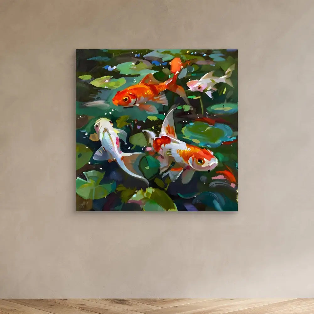 Colorful koi fish swimming among lily pads.