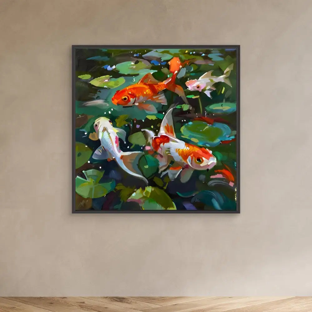 Colorful koi fish swimming among lily pads.