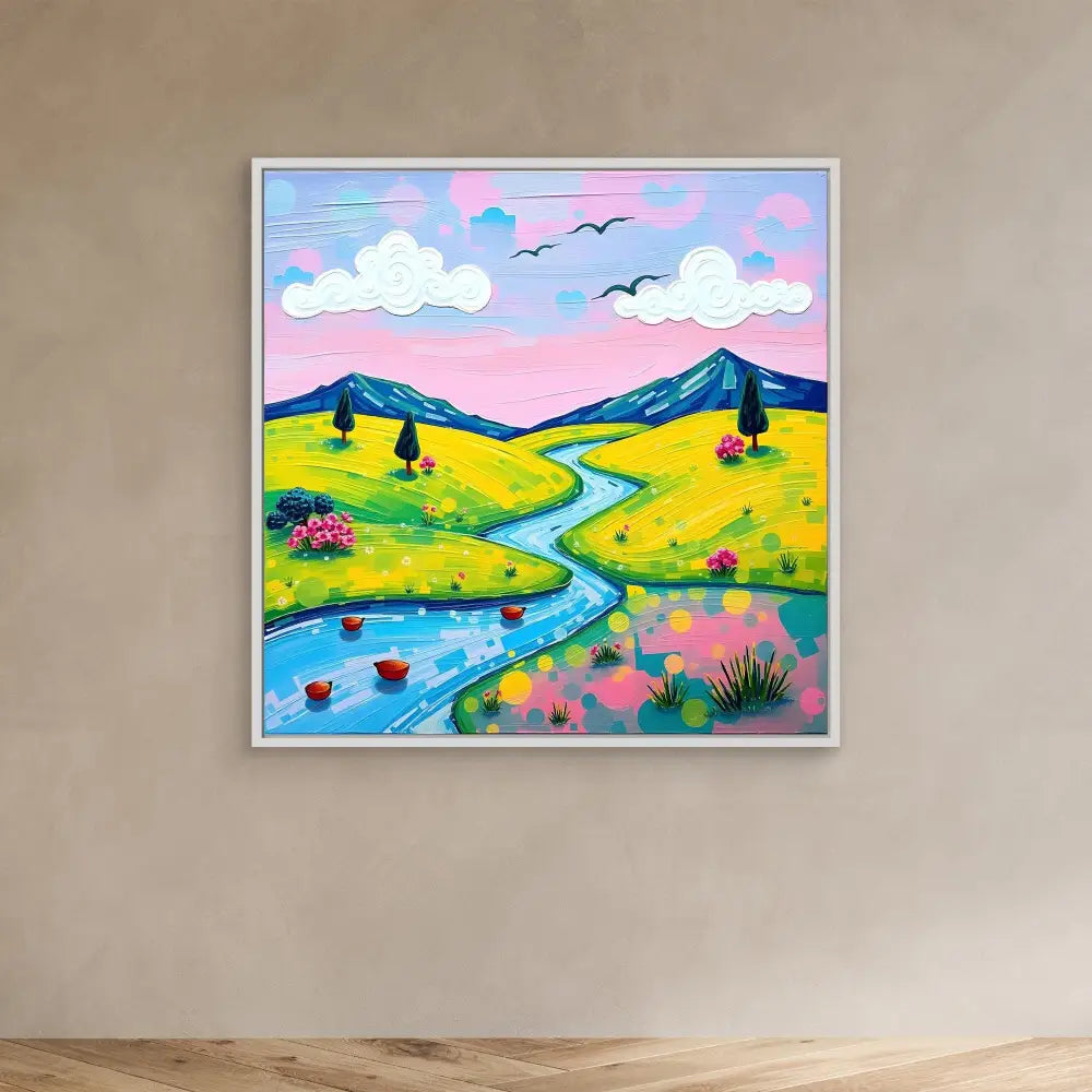 Colorful landscape painting featuring a winding blue river through yellow fields with mountains and pink sky.