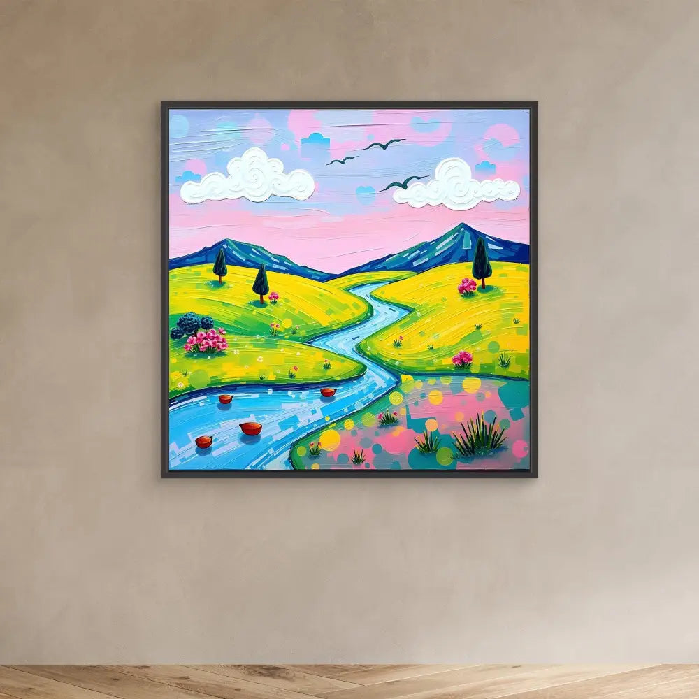 Colorful landscape painting featuring a winding blue river through yellow fields with mountains and pink sky.