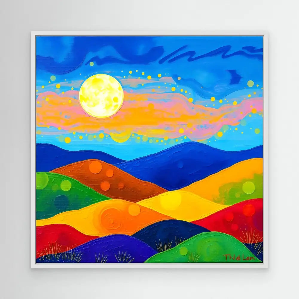 Colorful landscape painting featuring rolling hills beneath a full moon and starlit sky.