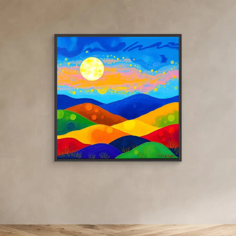 Colorful landscape painting featuring rolling hills and a bright full moon against a vibrant sky.