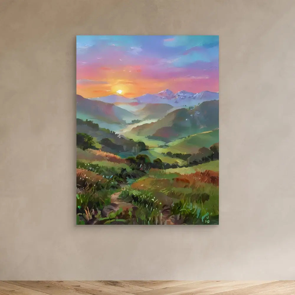 Colorful landscape painting of rolling hills and mountains at sunset with misty valleys.