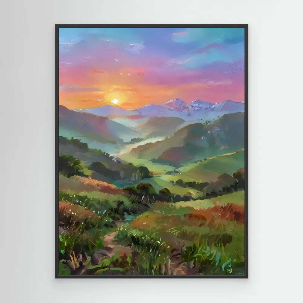 Colorful landscape painting of rolling hills and mountains at sunset.