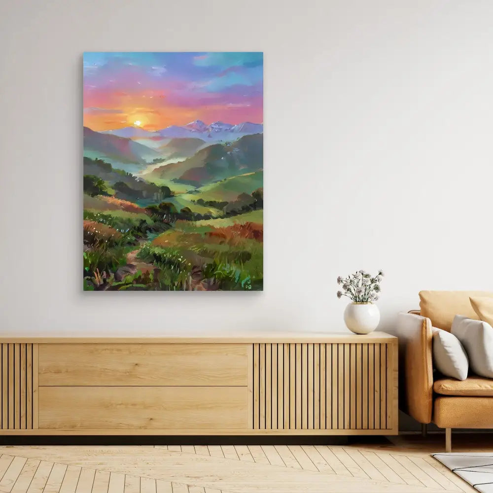 Colorful landscape painting of rolling hills and mountains at sunset.