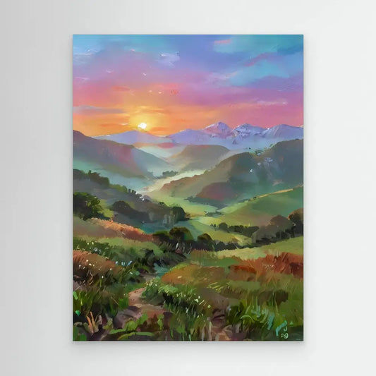 A colorful landscape painting of rolling hills and mountains at sunset.