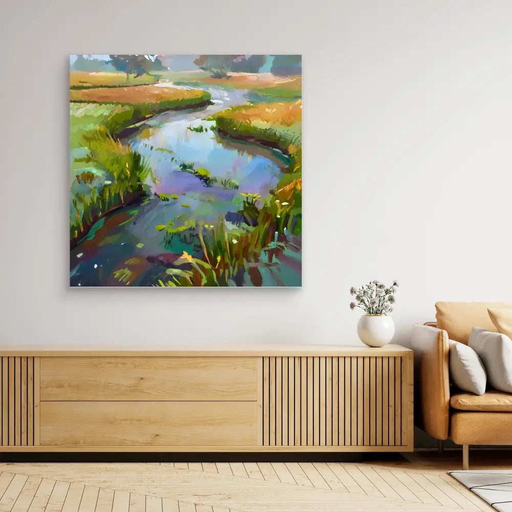 Colorful landscape painting of a winding river through marshland.