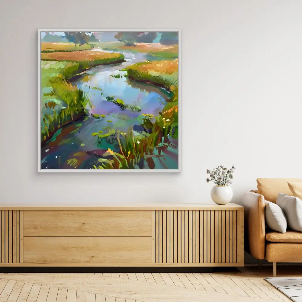 A colorful landscape painting of a winding river through marshland.