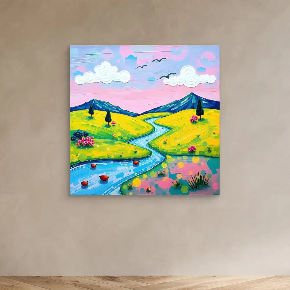 Colorful landscape painting featuring a winding river through yellow fields with mountains and pink sky.