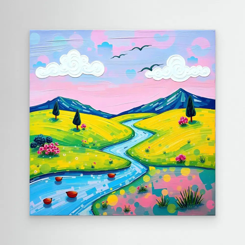 Colorful landscape painting featuring a winding river through yellow fields with mountains and pink sky.