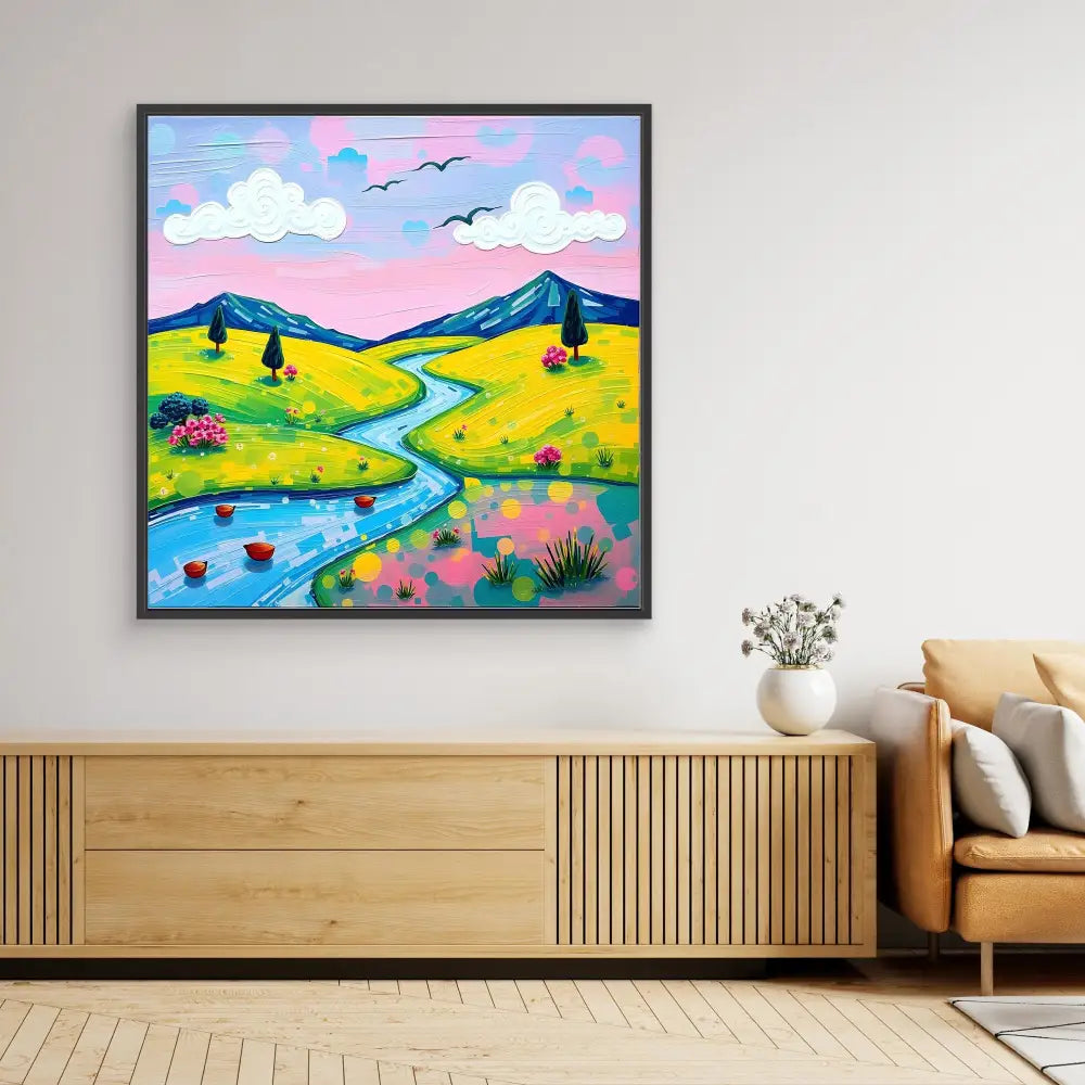 Colorful landscape painting featuring a winding river through yellow fields and mountains under a pink sky.